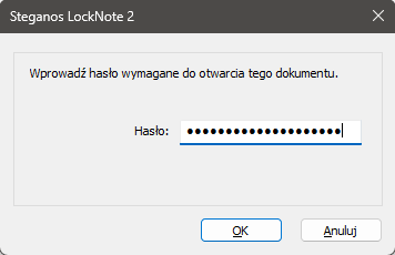 Pytanie o hasło w Steganos LockNote 2